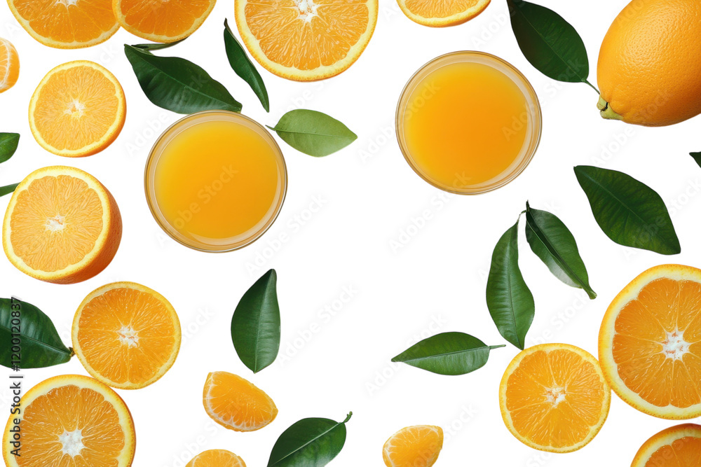 Fresh oranges and juice surrounded by vibrant green leaves on a white background Fresh oranges and juice surrounded by vibrant green leaves on a white background