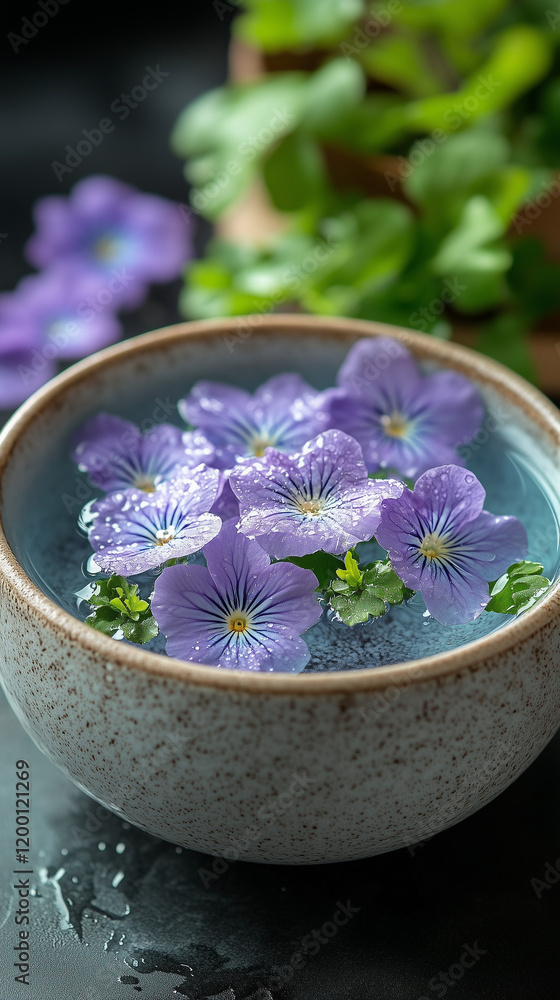 Violet flowers floating in a bowl of water, serene floral arrangement, tranquil decor, copy space