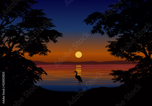 Beautiful tranquil sunset over the lake with silhouette of bird and trees in the foreground