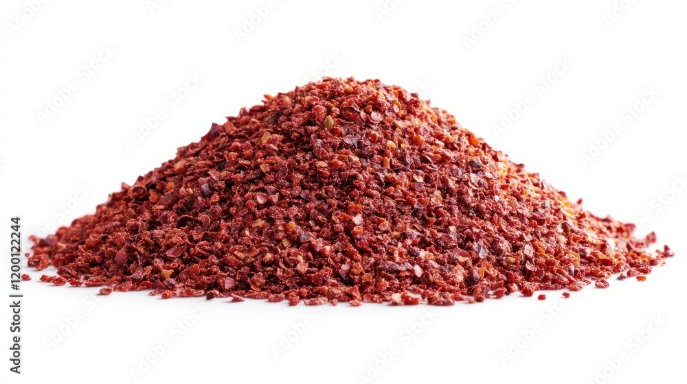 A vibrant pile of fine red paprika powder, perfectly shaped, isolated on a pure white background A vibrant pile of fine red paprika powder, perfectly shaped, isolated on a pure white background