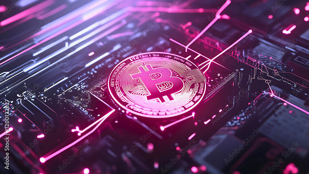 Glowing Bitcoin on Circuit Board with Electric Currents Glowing Bitcoin on Circuit Board with Electric Currents