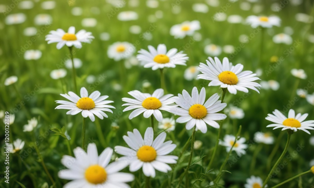 Soft focus on white chamomile flowers in a lush green field, serene, botanical Soft focus on white chamomile flowers in a lush green field, serene, botanical