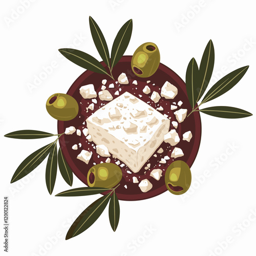 Crumbled Feta Cheese with Olives and Olive Leaves