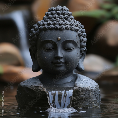 Black Buddha head fountain with flowing water