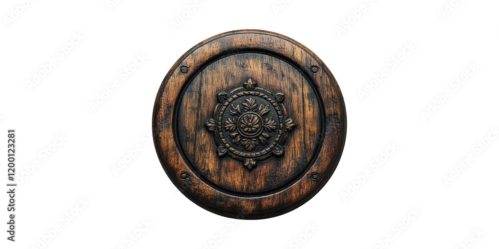 Fototapeta premium Medieval wooden shield with intricate carvings isolated on transparent background
