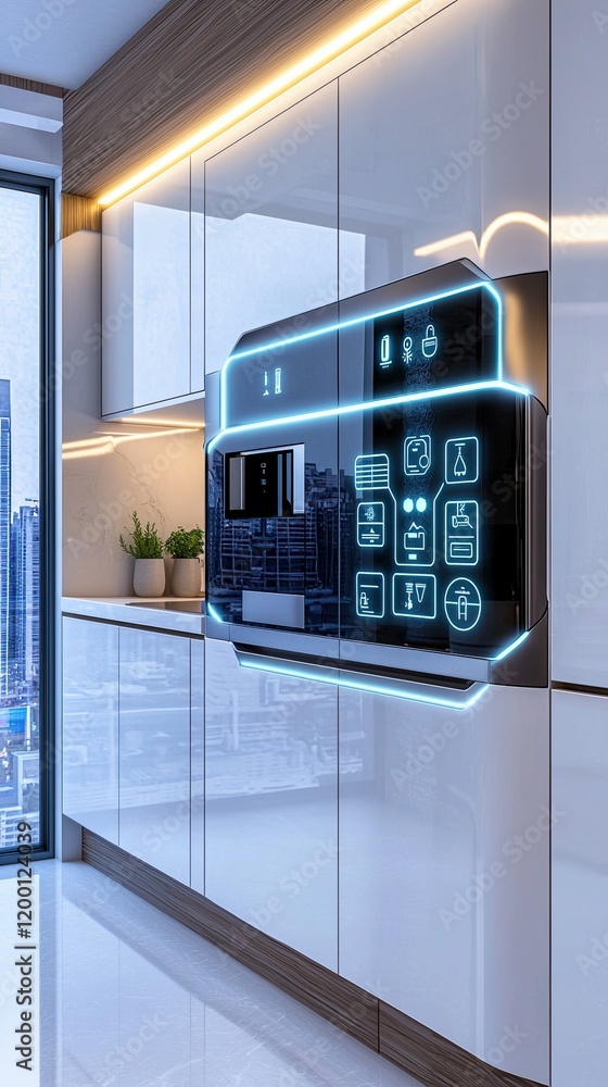 Futuristic kitchens with smart appliances glowing in soft pastel tones, accented by neon lighting and minimalist flat icons of daily functionalities Futuristic kitchens with smart appliances glowing in soft pastel tones, accented by neon lighting and minimalist flat icons of daily functionalities