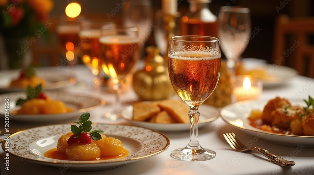 Warm, inviting dinner table setting with elegant glassware, delicious food, and soft candlelight. A sophisticated and romantic ambiance. Warm, inviting dinner table setting with elegant glassware, delicious food, and soft candlelight. A sophisticated and romantic ambiance.