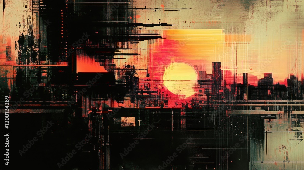 Fototapeta premium Abstract urban glitch art featuring a vibrant sunset over a cityscape