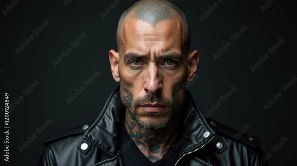 Intense close-up portrait of a Hispanic man with tattoos, wearing a black leather jacket against a dark background. His serious expression and bold style create a powerful image. Intense close-up portrait of a Hispanic man with tattoos, wearing a black leather jacket against a dark background. His serious expression and bold style create a powerful image.