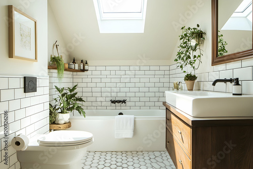 Bright small bathroom featuring a skylight, white subway tiles with dark grout, and a floating vanity with natural light