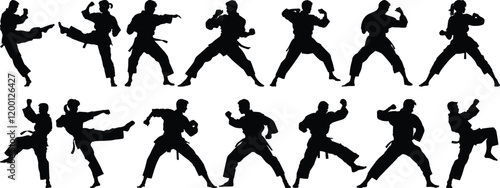 Kungfu silhouettes set, fighter pack of vector silhouette design, isolated background