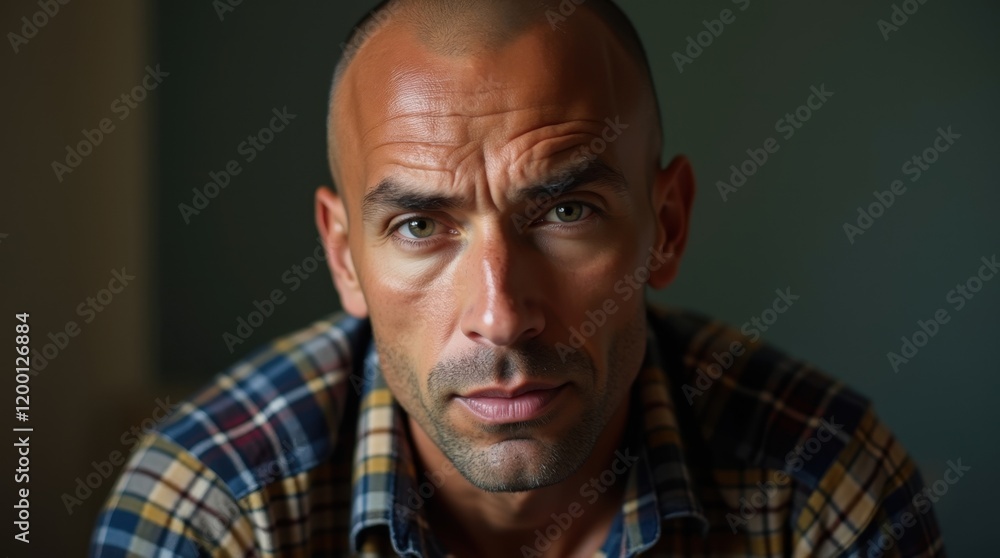 Obraz premium Close-up portrait of a serious-looking middle-aged man with short, brown hair and a plaid shirt. His intense gaze and expression create a contemplative mood.