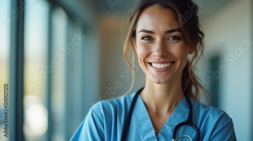 Portrait of a smiling female doctor wearing scrubs. A confident and friendly healthcare professional.