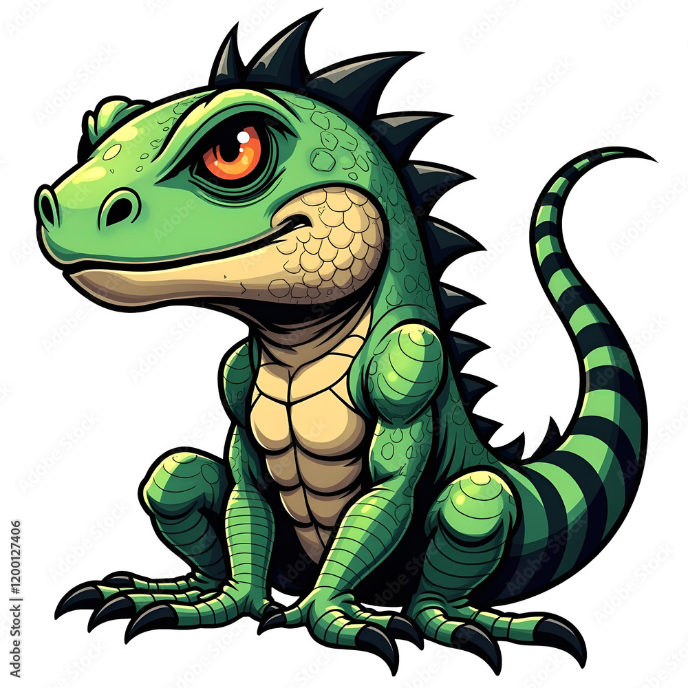 Obraz premium Cartoon green iguana with stripes and spikes, sitting pose, vibrant and detailed reptile character illustration, isolated on a white background 