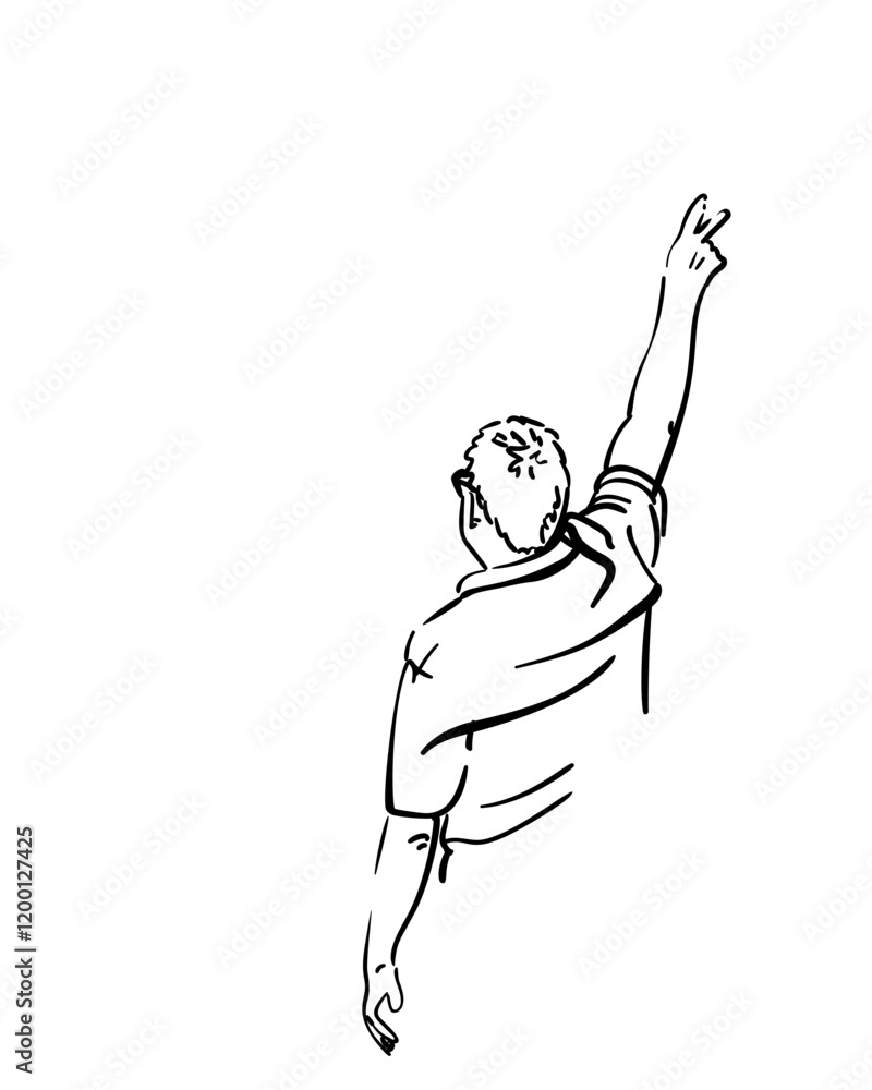 Man showing V sign with hand view from back, Hand drawn vector illustration, Black lines sketch on white Man showing V sign with hand view from back, Hand drawn vector illustration, Black lines sketch on white
