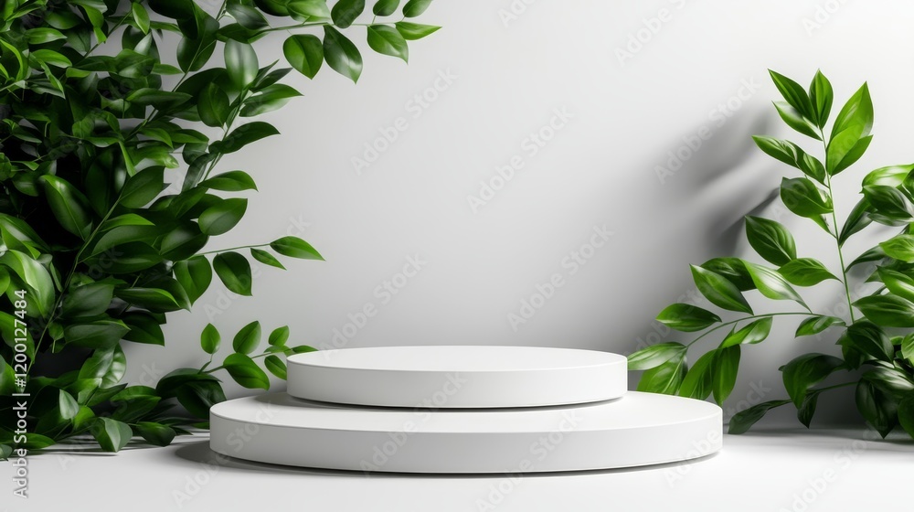 Minimalistic podium for product presentation in a studio. Simple geometric stand for showcasing products on a light wall. Minimalistic podium for product presentation in a studio. Simple geometric stand for showcasing products on a light wall.