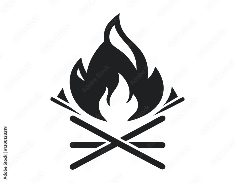 campfire icon with crossed sticks in black and white, perfect for outdoor adventure, camping, and survival themes. simple and bold design suitable for logos, signs, and illustrations. campfire icon with crossed sticks in black and white, perfect for outdoor adventure, camping, and survival themes. simple and bold design suitable for logos, signs, and illustrations.