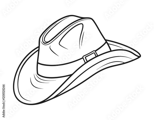 detailed black and white line drawing of a cowboy hat with a wide brim and a belt buckle band, perfect for western-themed designs or illustrations.