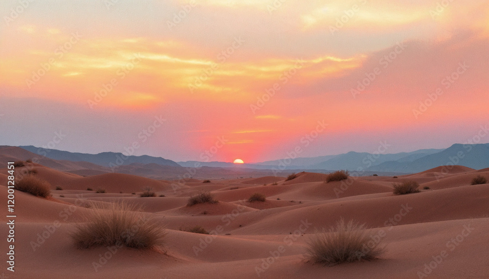 Vibrant sunset casts hues over the serene sand dunes of a desert landscape in the evening Vibrant sunset casts hues over the serene sand dunes of a desert landscape in the evening