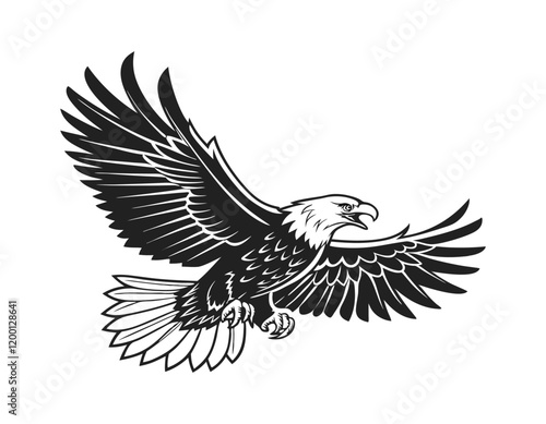 black and white illustration of a majestic eagle in flight with wings spread wide, showcasing detailed feathers and a fierce expression, perfect for wildlife and nature-themed designs.