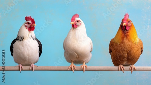 Colorful chickens perched together in harmony against a vibrant backdrop photo