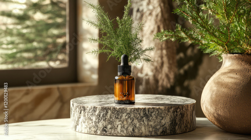 Cannabis leaf podium product photography, a bottle of face oil photo