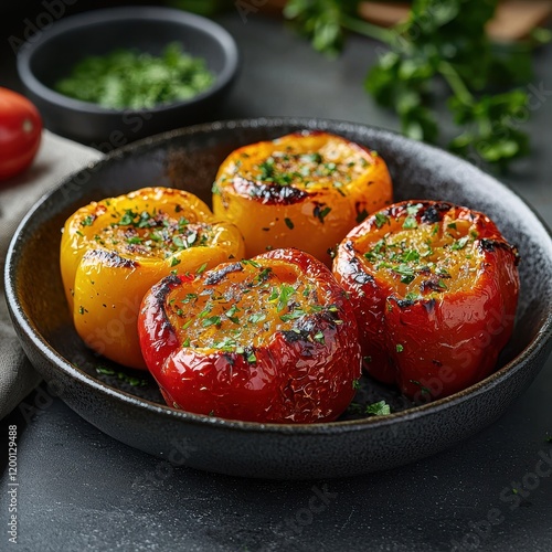 Sizzling roasted bell peppers culinary arts showcase gourmet kitchen vibrant colors close-up flavorful delights photo