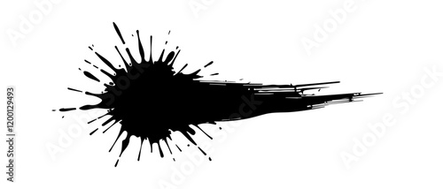 Isolated black paint horizontal splatter on transparent background with empty space for text