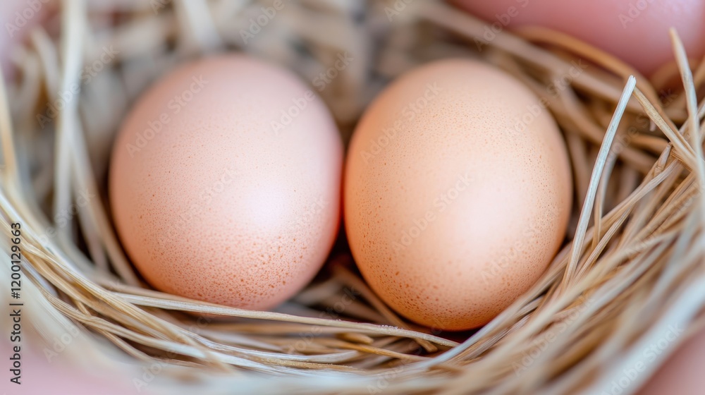 Two freshly laid eggs nestled comfortably in a straw nest Two freshly laid eggs nestled comfortably in a straw nest