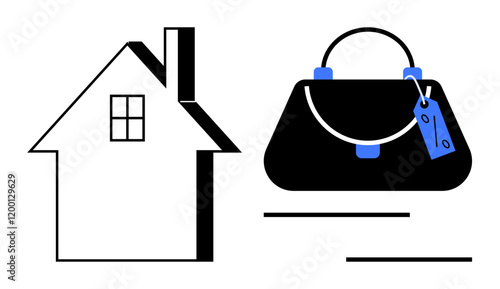 House outline next to a handbag with a price tag, suggesting value comparison. Ideal for investment, home ownership, shopping, fashion, consumer behavior, financial planning, lifestyle abstract line