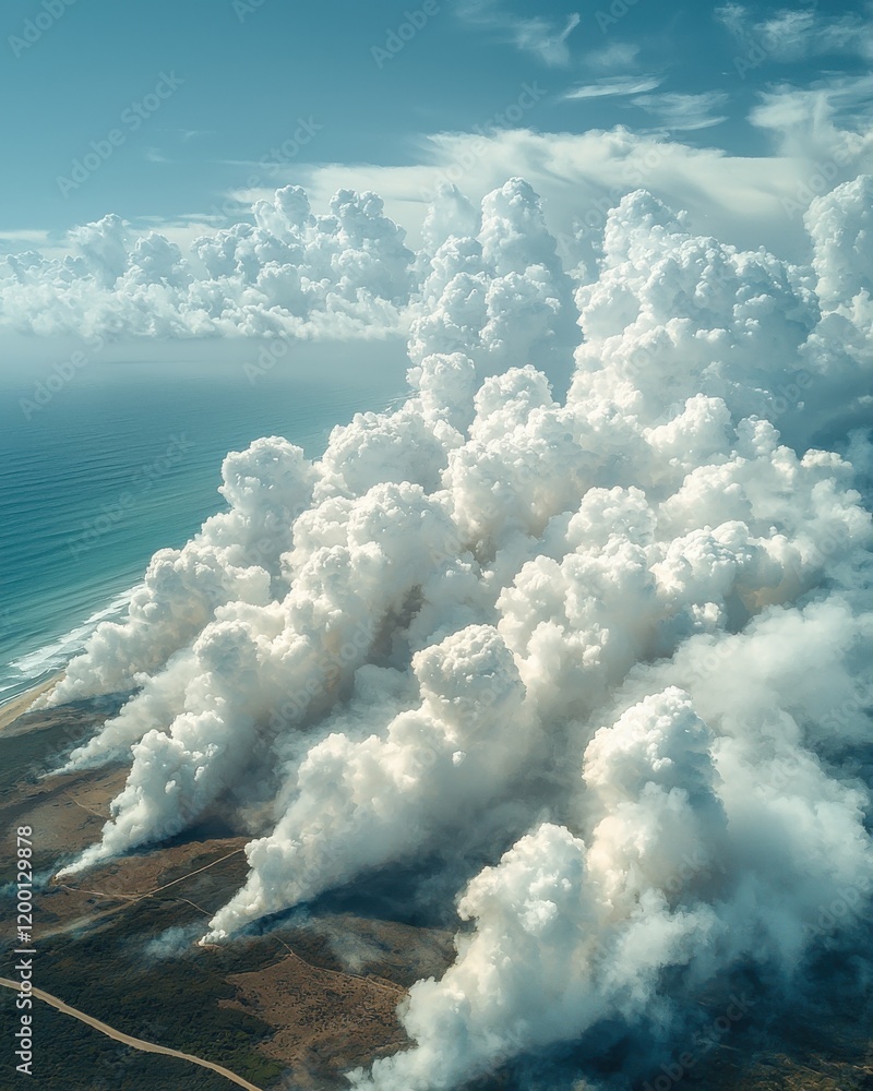 Fototapeta premium Vast cloud formation above coastal landscape aerial view high-resolution nature scenic environment