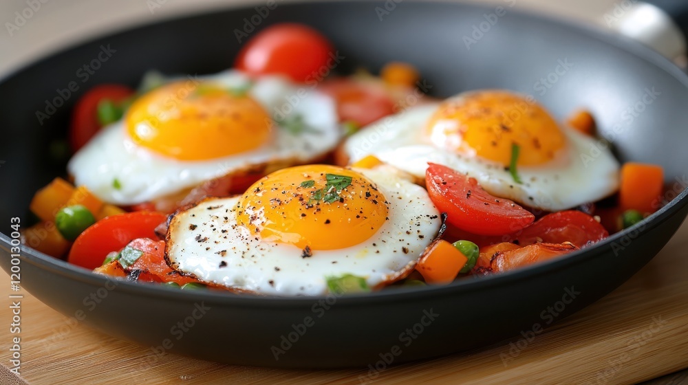 Sizzling eggs on a vibrant vegetable medley in a cozy kitchen setting Sizzling eggs on a vibrant vegetable medley in a cozy kitchen setting