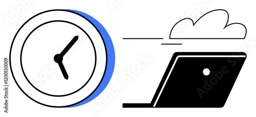 Clock with black hands and blue shadow beside a laptop connected to a cloud. Ideal for productivity tips, remote work, cloud services, digital transformation, time management, workflow optimization