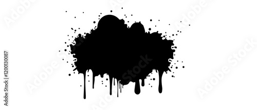 Isolated black paint horizontal splatter on transparent background with empty space for text