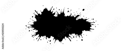 Isolated black paint horizontal splatter on transparent background with empty space for text