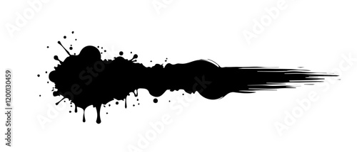 Isolated black paint horizontal splatter on transparent background with empty space for text