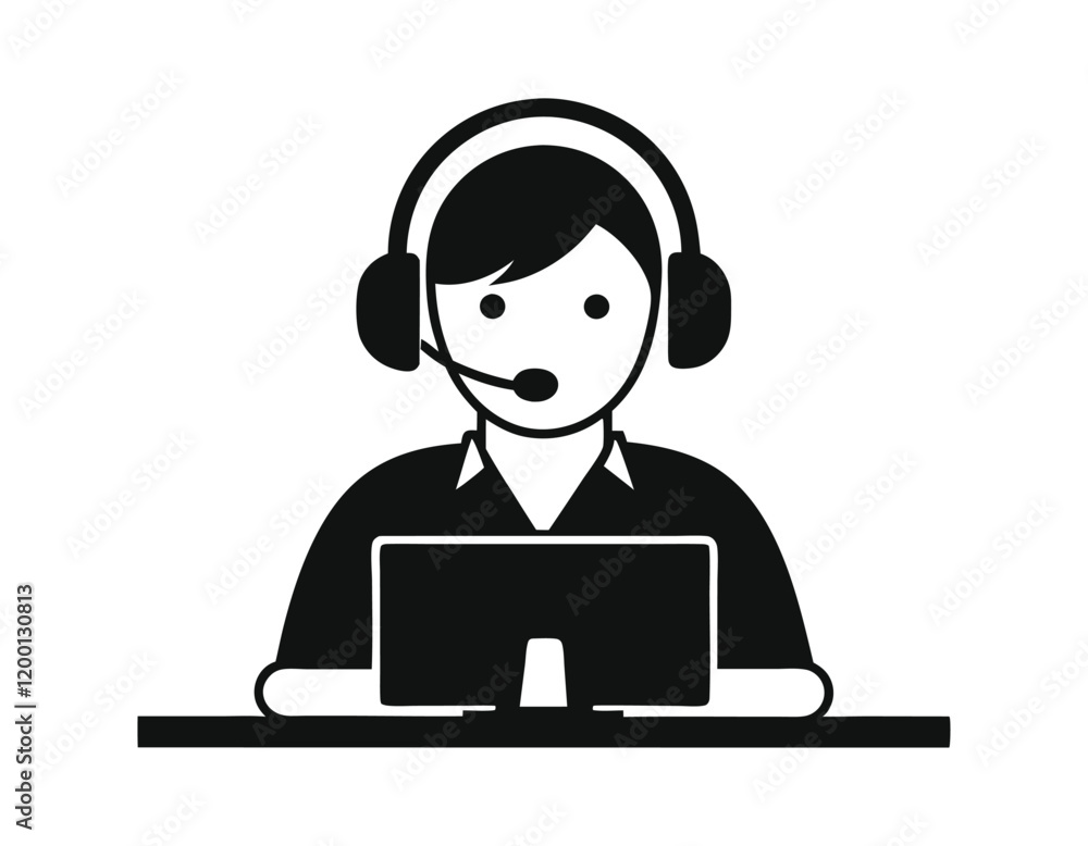 customer service representative icon, person with headset and microphone working on a computer, ideal for illustrating support, call center, or help desk concepts. customer service representative icon, person with headset and microphone working on a computer, ideal for illustrating support, call center, or help desk concepts.
