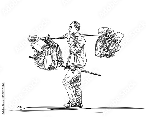 Shop in remote areas of the Himalayas, Seller of household goods in Nepal, Walking man carries household items on a bamboo pole slung over his shoulder, Hand drawn illustration, Vector sketch