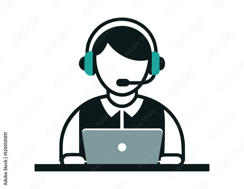 customer service representative icon: a person with a headset and microphone, sitting at a desk with a laptop, symbolizing online support or call center services. customer service representative icon: a person with a headset and microphone, sitting at a desk with a laptop, symbolizing online support or call center services.