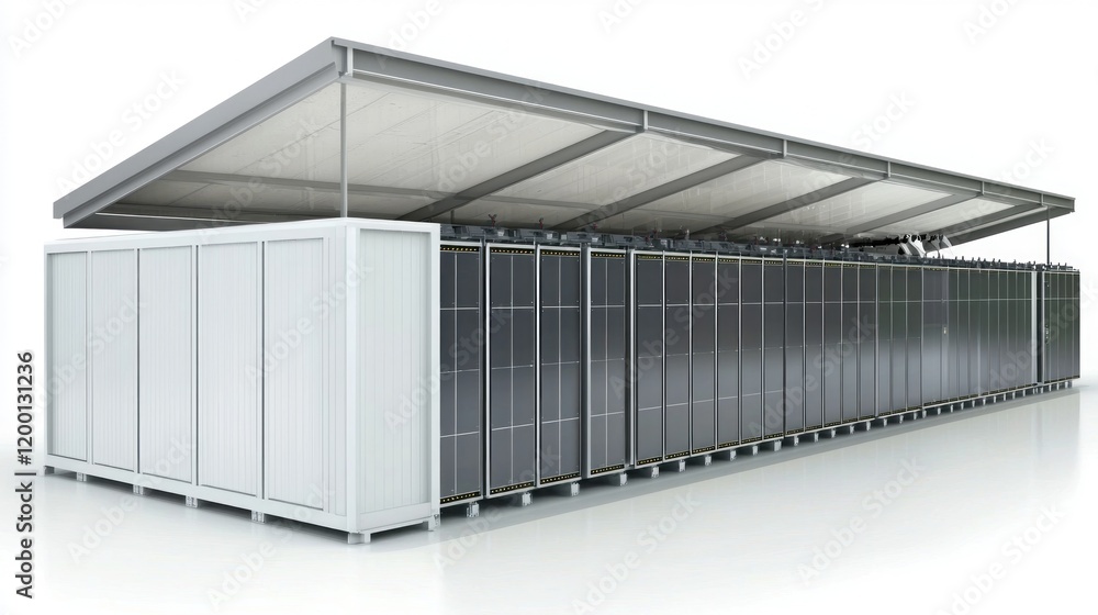 Outdoor solar battery storage system, energy, container, renewable, technology, white background Outdoor solar battery storage system, energy, container, renewable, technology, white background