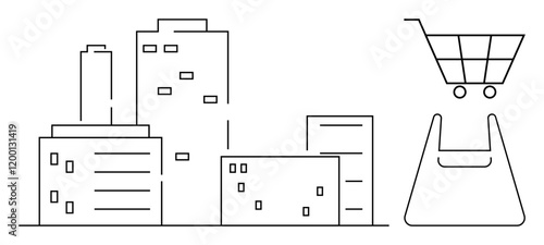 Buildings form a simplified skyline beside a shopping cart and a shopping bag. Ideal for urban lifestyle, consumerism, retail business, ecommerce, city living, online shopping, economic growth