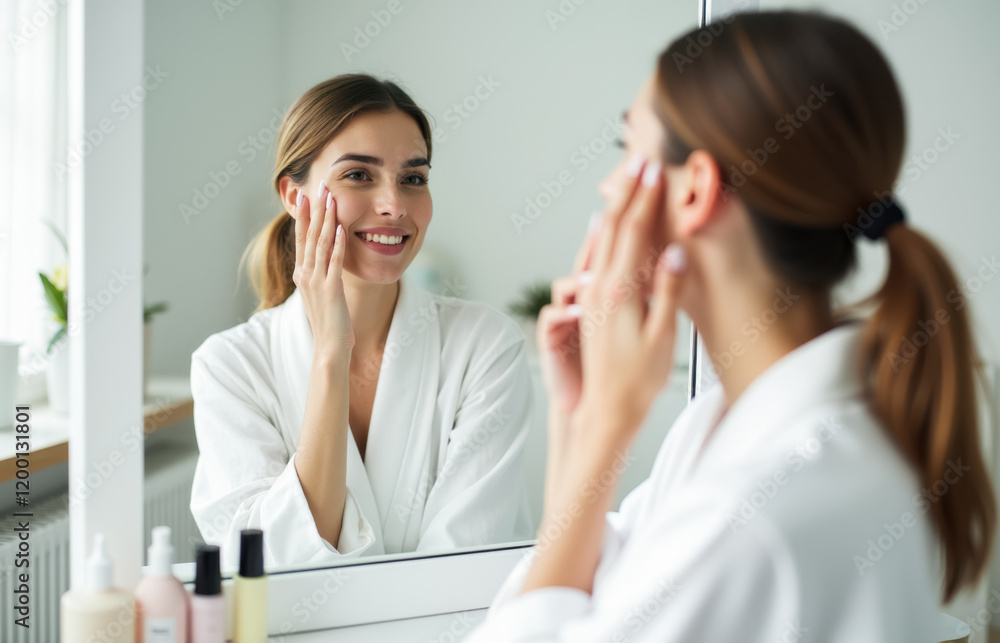 Caucasian young female applying skincare while smiling in mirror Caucasian young female applying skincare while smiling in mirror