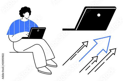 Person working on laptop with focus, laptop close-up, arrows pointing up. Ideal for remote work, productivity, growth, technology, progress efficiency business development. Abstract line flat