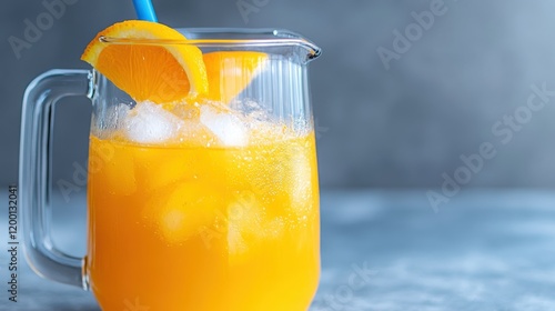 Refreshing orange drink with ice served in a pitcher on a summer day photo