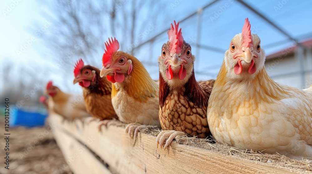 Fototapeta premium Chickens in a cozy cage enjoying the sunny day beneath the blue sky