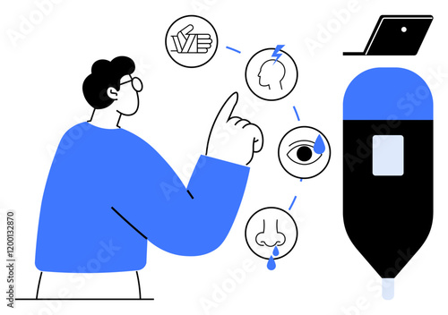 Person points at icons representing touch, hearing, sight, smell, with laptop involvement. Ideal for technology, communication, education, sensory research user interface design interactive