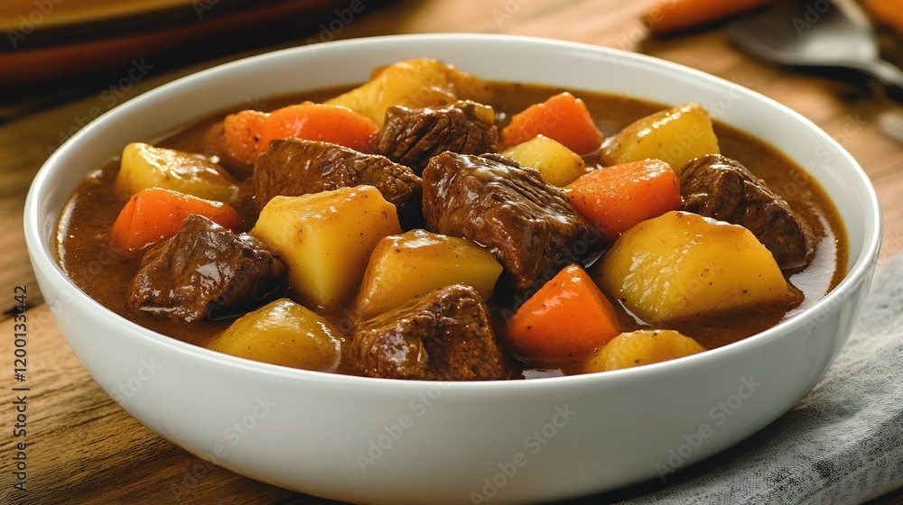 Comforting bowl of beef stew tender beef chunks potatoes and carrots in a rich gravy Comforting bowl of beef stew tender beef chunks potatoes and carrots in a rich gravy