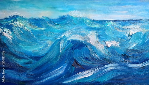 summary blue sea heritage with oil paint summer artwork background natural mild blue texture of the waves turquoise blue oil painting on canvas generative ai photo