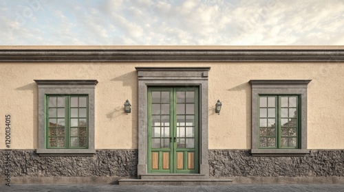 Wallpaper Mural A classic Canarian house featuring beige plastered walls, gray wooden details, and smooth stone trims Torontodigital.ca