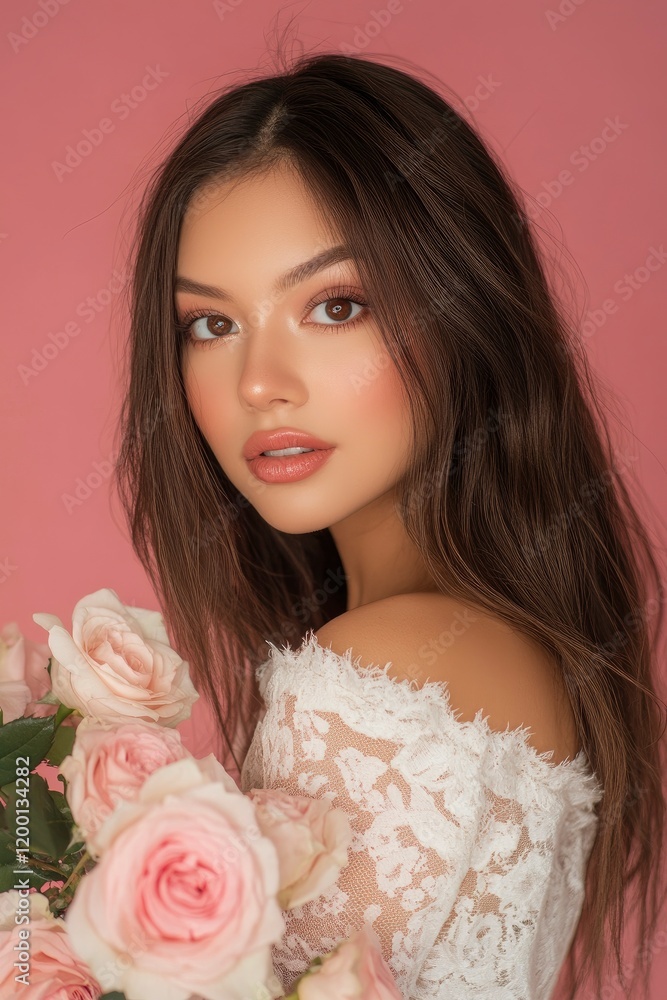 A beautiful woman with roses, against a pink background A beautiful woman with roses, against a pink background